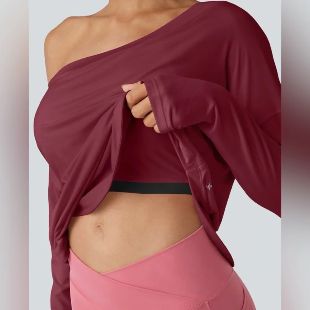 NWT Halara One Shoulder Long Sleeve Thumb Hole Curved Hem High Low Top XL - Picture 6 of 14